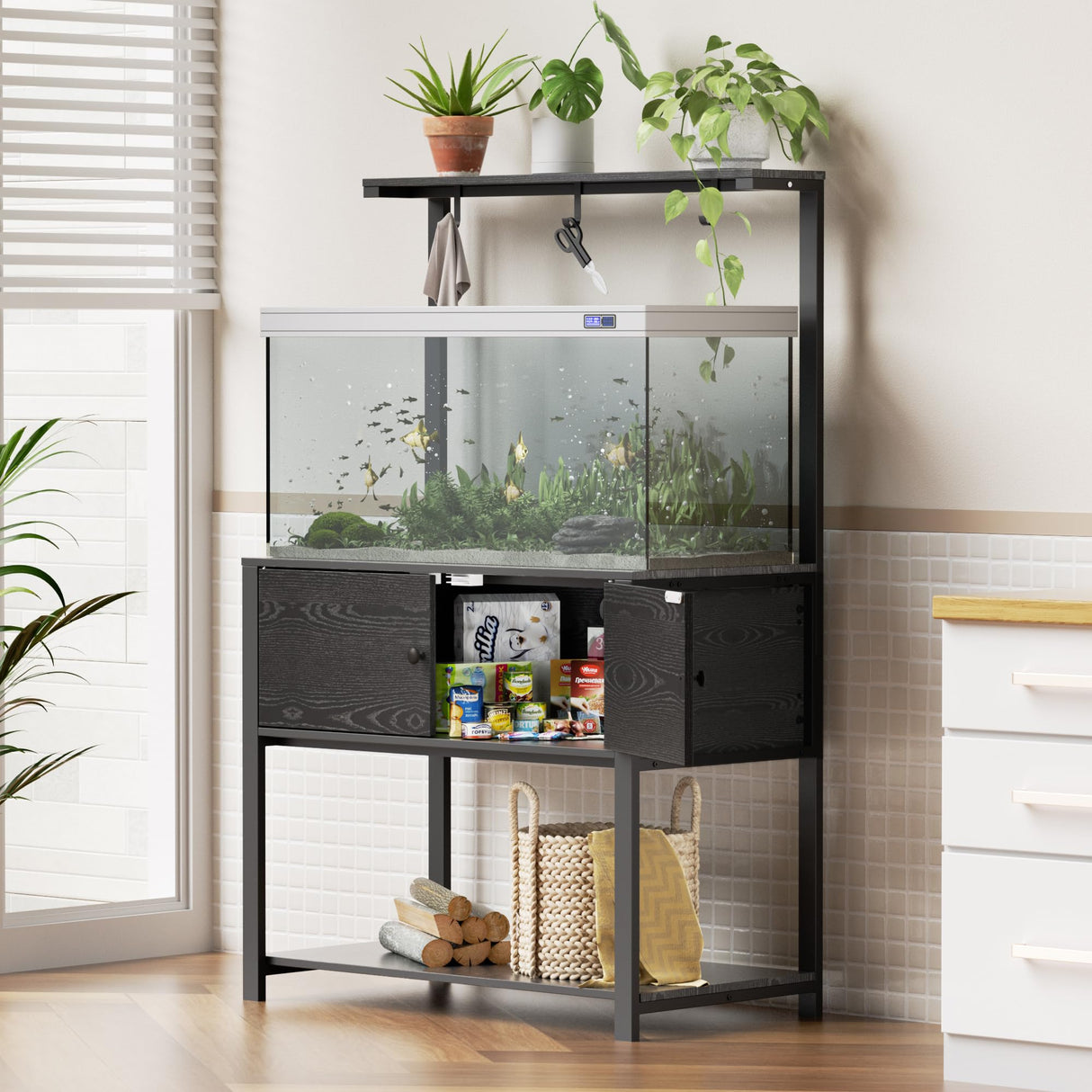 Fienveorn 40-50 Gallon Aquarium Stand with LED Light Power Outlets,Heavy Duty Metal Fish Tank Stand with Cabinet for Fish Accessories Storage,Turtle Reptile Terrariums Stand( Black ) Halitaa
