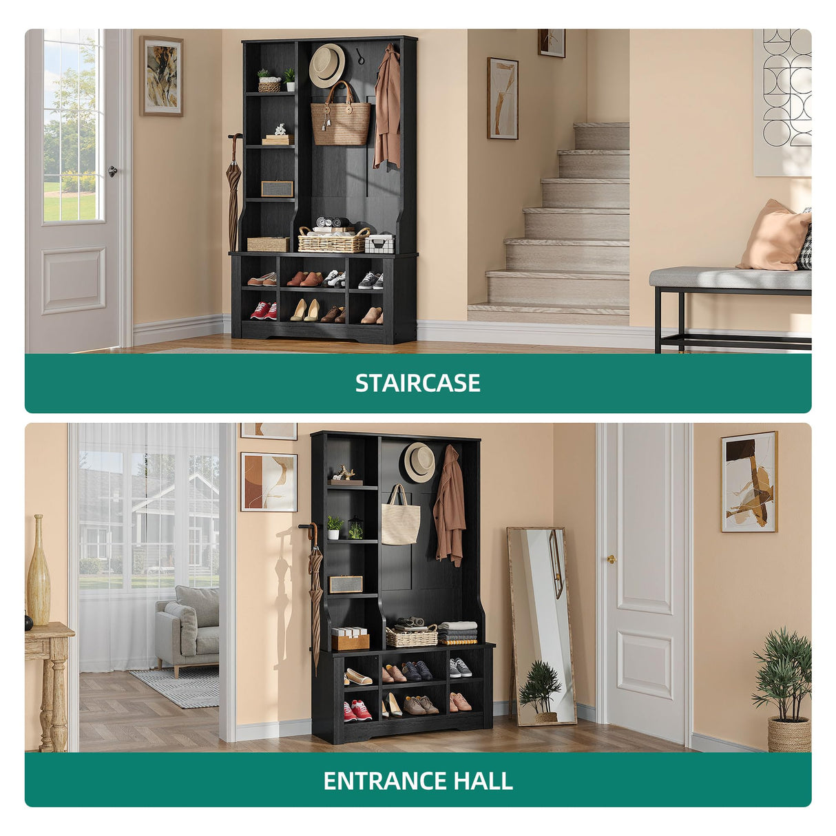 YITAHOME 39" Farmhouse Hall Tree with Entryway Bench, Wood Coat Rack with Storage Shelves, 5 Coat Hooks, 6 Shoe Cubbies w/Adjustable Shelves, Rustic Hall Tree for Entryway Hallway Foyer Narrow, Black YITAHOME