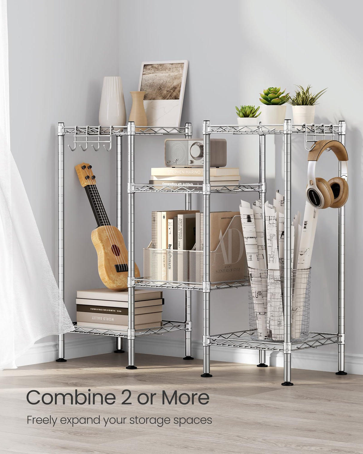 SONGMICS 3-Tier Bathroom Shelf, Storage Rack for Small Space, with 3 PP Shelf Liners, Removable Hook, Extendable Design, Silver and Translucent ULGR103E01 SONGMICS