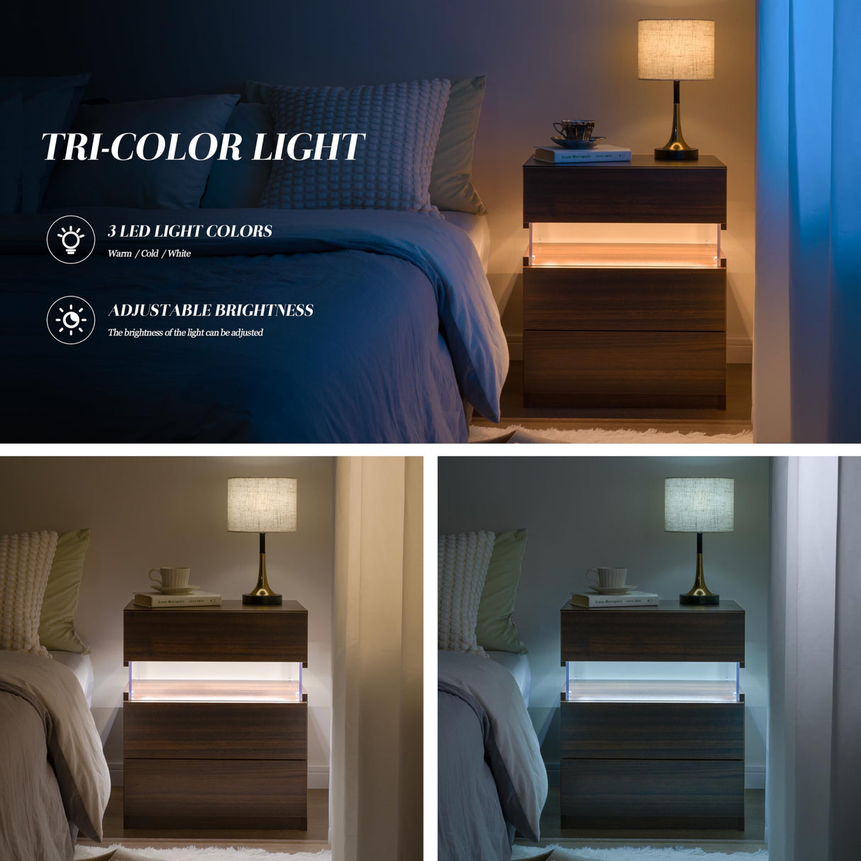 Bingoday Nightstands Set of 2 LED Bedside Tables with 3 Wood Drawers LED Modern Night Stand with Acrylic Board for Bedroom Living Room Bingoday