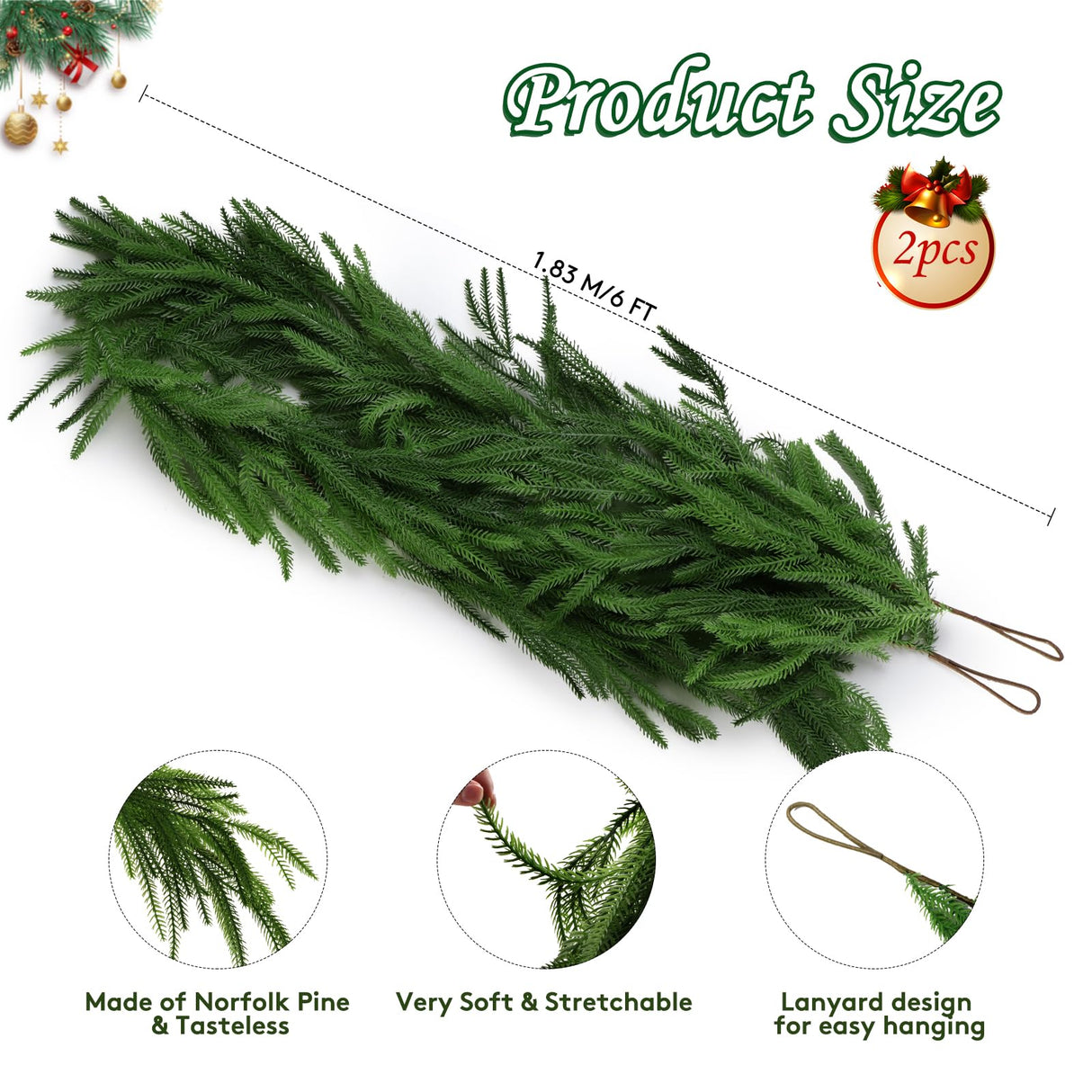 2 Pack Christmas Norfolk Pine Garlands 6FT, Real Touch Artificial Greenery Garland – Full Evergreen Pine Garland for Mantle, Fireplace, Table, Wall, Stairs & Outdoor Holiday Décor Geegoods