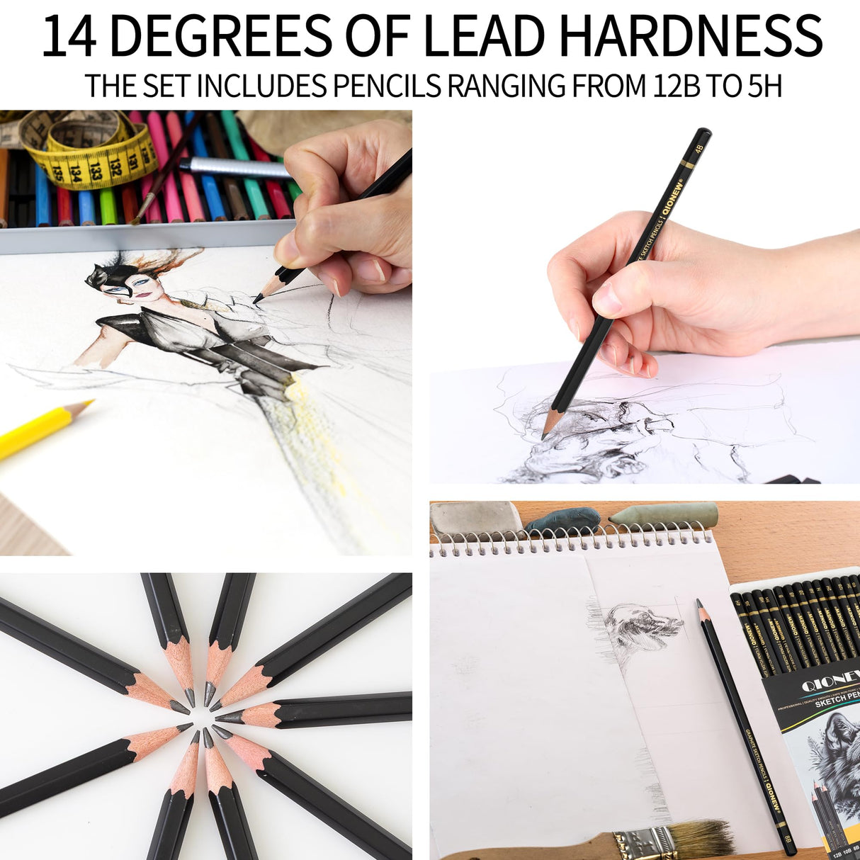 Qionew Professional Sketching Pencil for Drawing,14 Pack, Graphite Pencils, (12B-5H), Art Pencils for Drawing and Shading, Sketching, Ideal for Beginners & Pro Artists Qionew