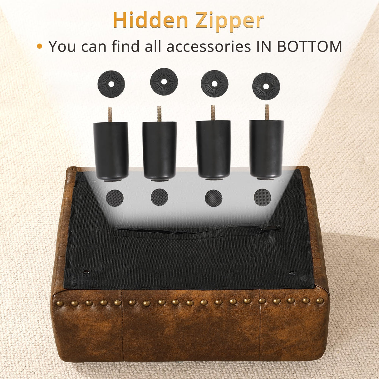 LUE BONA Small Tufted Foot Stool, Yellowish Brown Rivet Faux Leather Footrest with Plastic Legs, 9''H, Rectangle Foot Stools for Adult with Non-Slip Pads, Sofa Footstool for Living Room, Couch LUE BONA