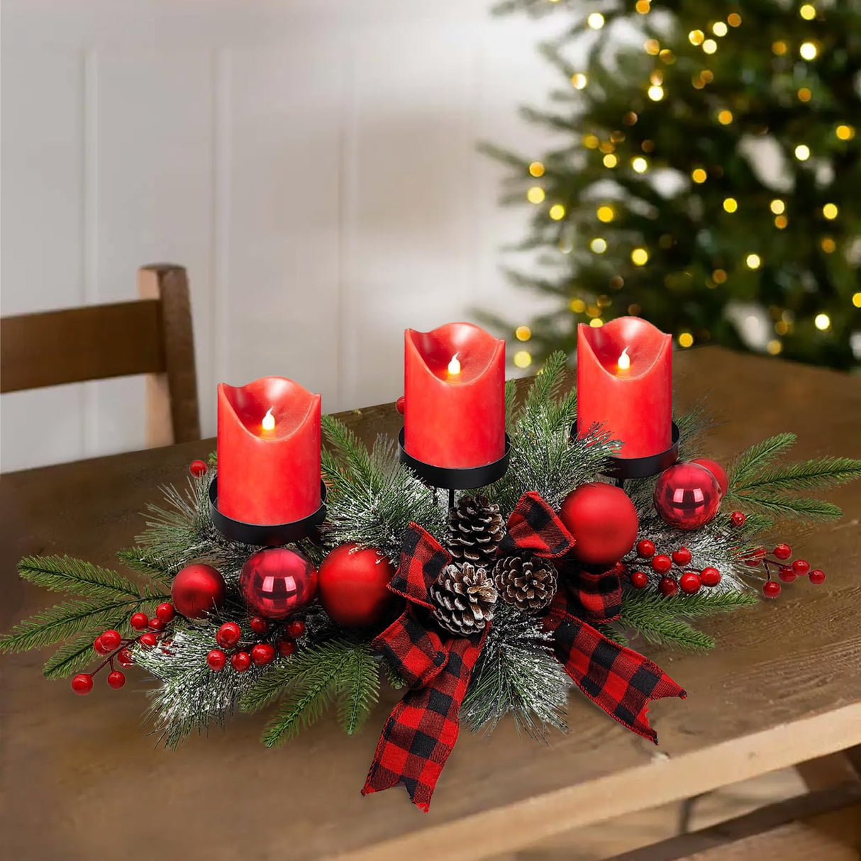 27.5-Inch Christmas Table Centerpiece with Candle Holders, Red Berries, and Pine Cones BAYN