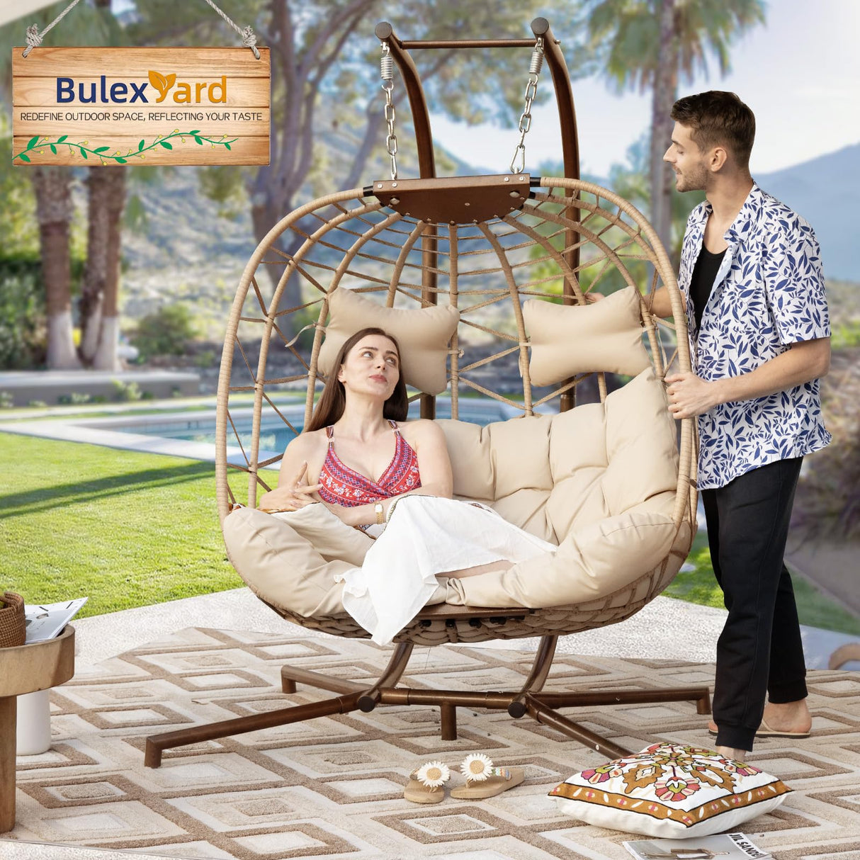 BLUEXYARD 2 Person Hanging Egg Chair with Stand, Extra Large 700 Lbs Wicker Patio Hammock Loveseat Swing, Oversized Cushioned Double Swing Chair for Indoor Outdoor Garden Balcony Backyard, Beige BULEXYARD