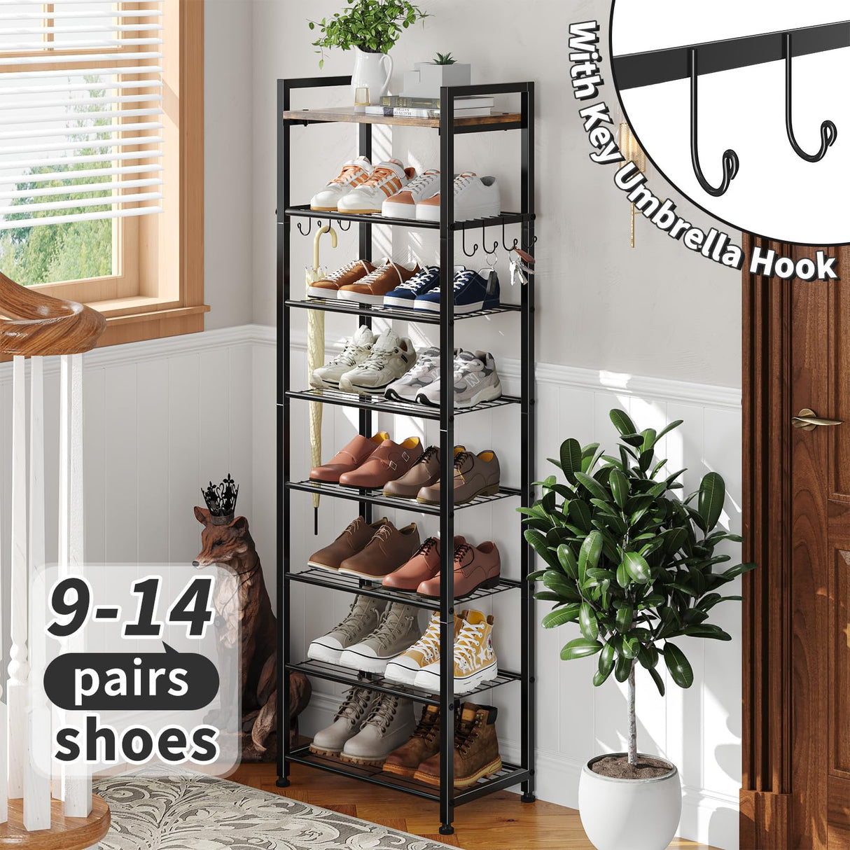 Simple Trending 8 Tiers Shoe Rack 16 Pairs Tall Wooden Plank Shoe Shelf with Hooks for Closet Entryway Organizer Sturdy Free Standing Shoe Storage Cabinet,Black Simple Trending
