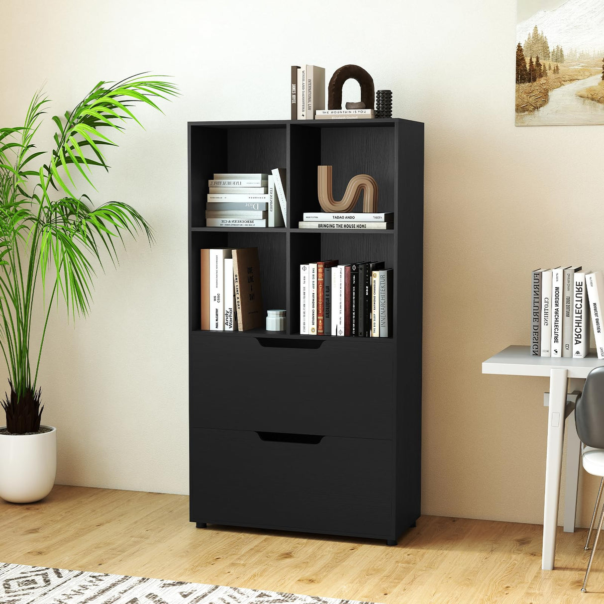 Giantex Bookcase with 2 Drawers, 51” Tall Floor Bookshelf w/4 Cubes, Anti-tip Kits, Freestanding Display Rack, Cubby Storage Organizer for Study, Living Room, Home Office, Black Giantex
