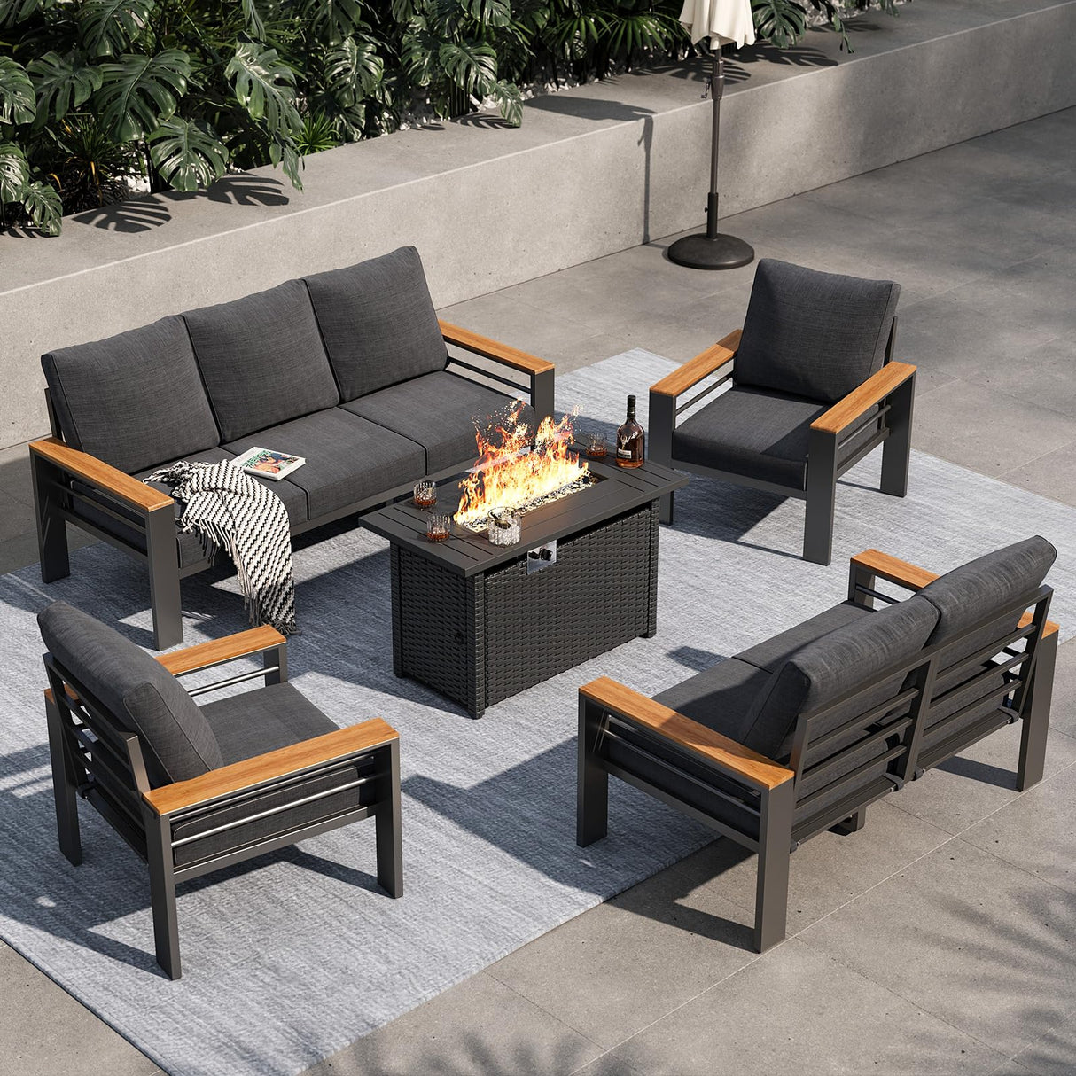 Aoxun Aluminum Outdoor Patio Furniture Set, 8-piece Outdoor Sectional with 44'' Propane Gas Firepit Table, Patio Conversation Sets with Upgraded Armrests and Cushions for Backyard, Garden and Poolside Aoxun