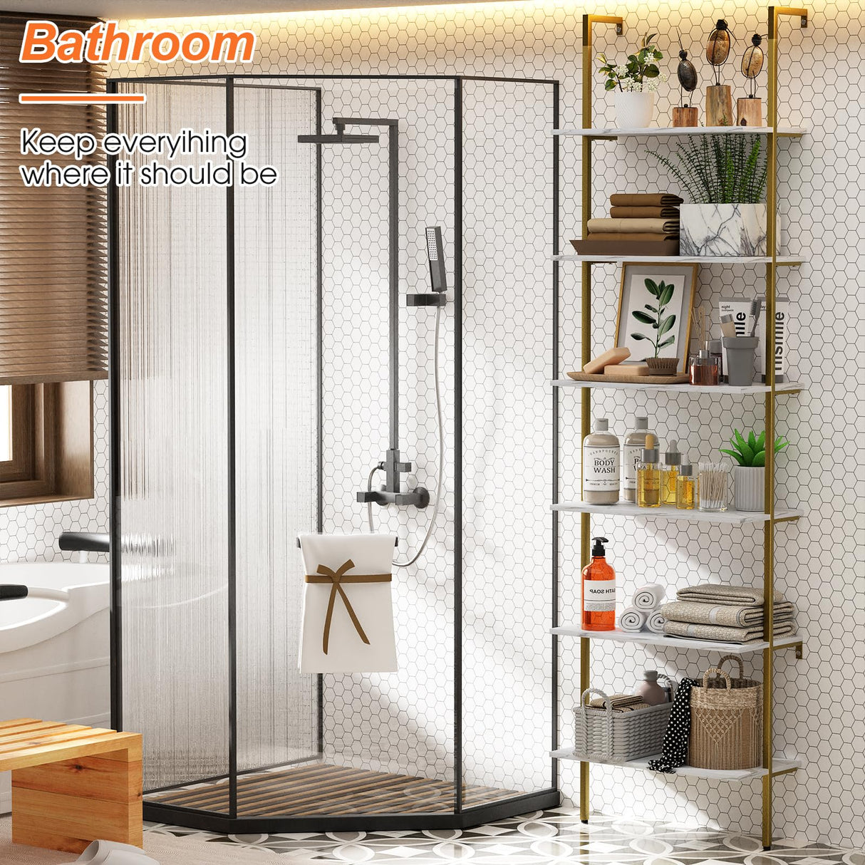 Wolawu Ladder Shelf 6 Tiers Marble White Modern Bookshelf Open Tall Wall Mount Bookcase Standing Leaning Wall Shelves Industrial Decorative Living Room Bed Room Wolawu