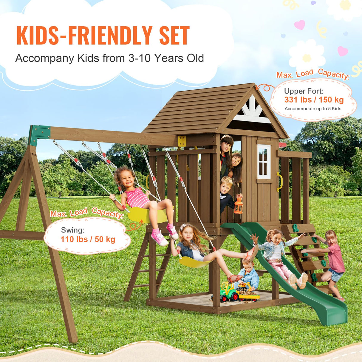 VEVOR Wooden Swing Set, 9 in 1 Outdoor Playground Sets for Backyards, 2 Swings, Trapeze Bar, 6 FT Slide, Large Upper Fort with Kitchen Toys, Flat Step Ladder, Rock Wall, Picnic Table, Sandbox VEVOR
