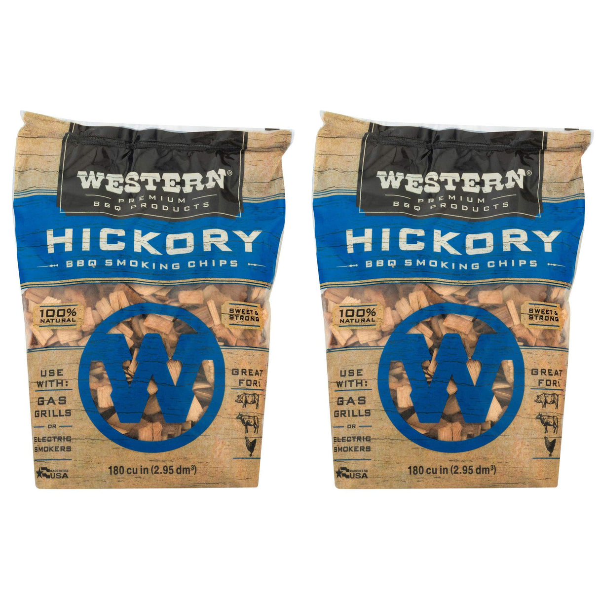 Western Premium BBQ 180 Cubic Inch Hickory Barbecue Flavorful Heat Treated Grilling Smoking Wood Chips for Charcoal Gas and Electric Grills (2 Pack) Western