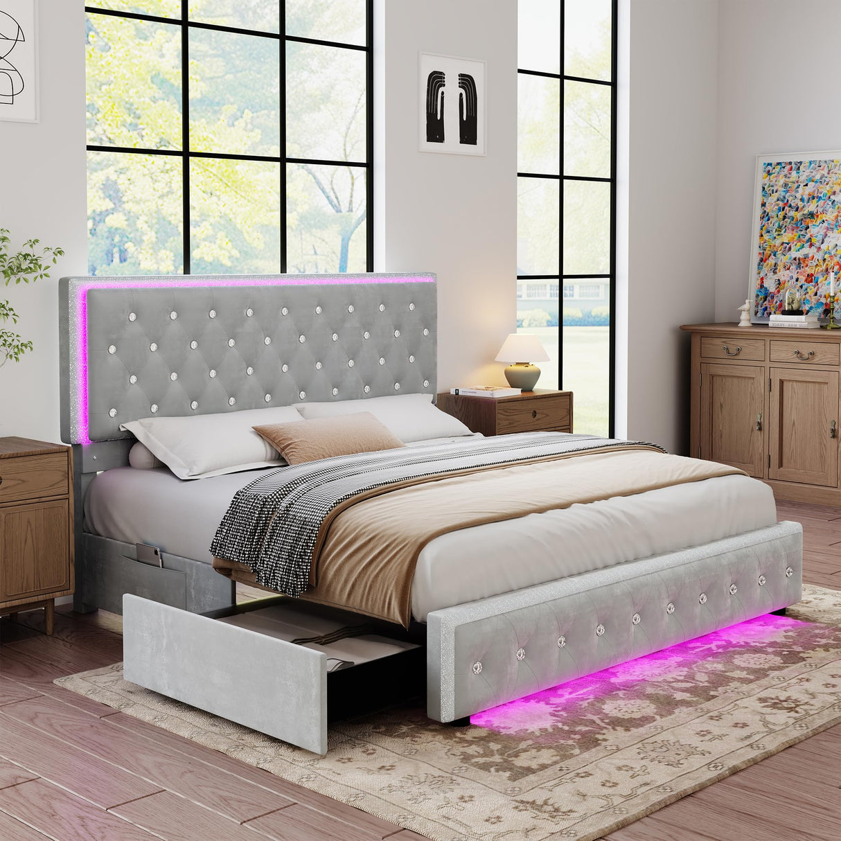 Torana Queen LED Bed Frame with 2 Drawers, Soft Velvet Platform Bed with Diamond Tufted Headboard Footboard and 2 Side Pockets, Mattress Foundation with Wooden Slats Support No Box Spring Needed, Grey Torana