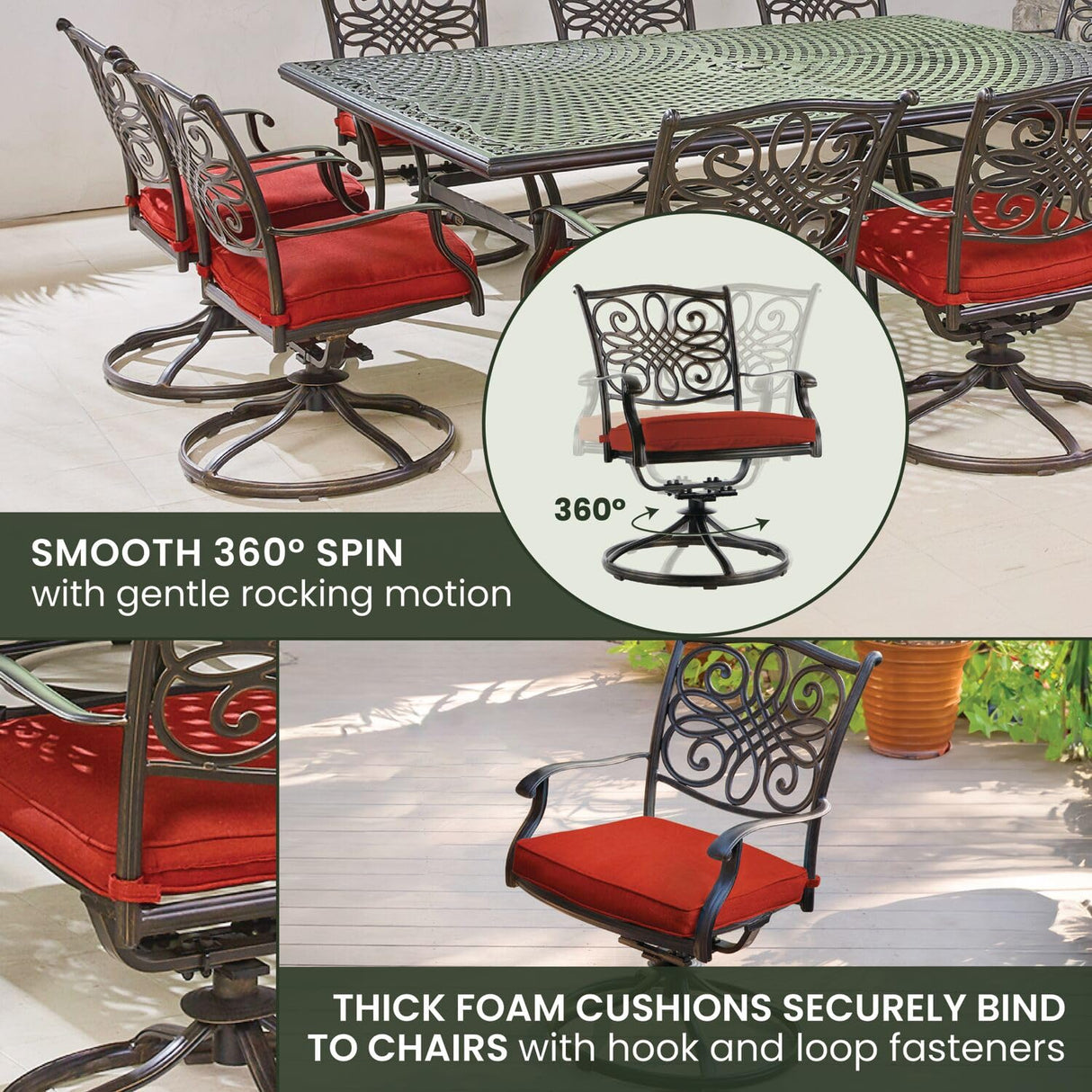 Hanover Traditions 11-Piece Modern Outdoor Dining Set with Rust Resistant Cast Aluminum Rectangular Large Dining Table and 10 Swivel Rocker Chairs with Plush Weather Resistant Red Cushions Hanover