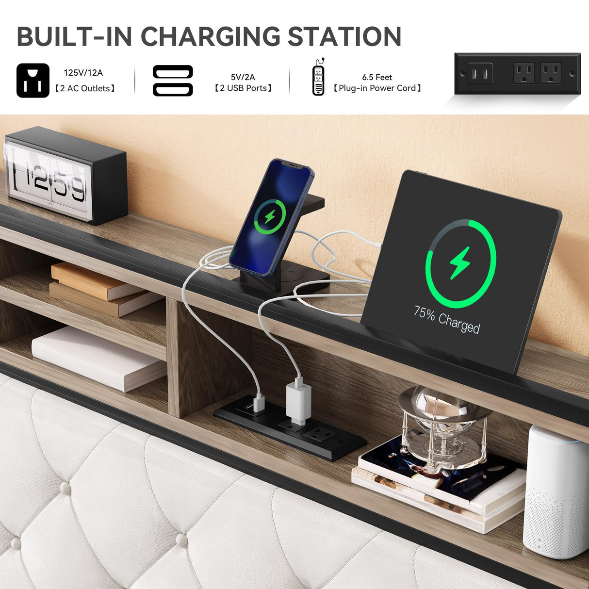 DWVO Queen Size Storage Bed Frame with 4-Drawer, Upholstered Platform Bed Frame with USB Charging Ports & Bookcase Headboard, Simple Setup, No Requirement for Box Spring (Beige) DWVO