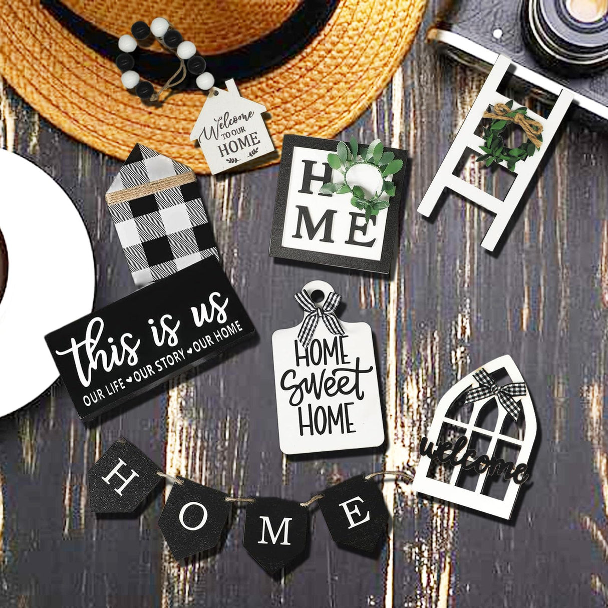 NJXJKGY 11PCS Farmhouse Tiered Tray Decor Set-Rustic Wooden Mini Signs and Decorations for Home and Kitchen Display (Tiered Tray Not Included) NJXJKGY