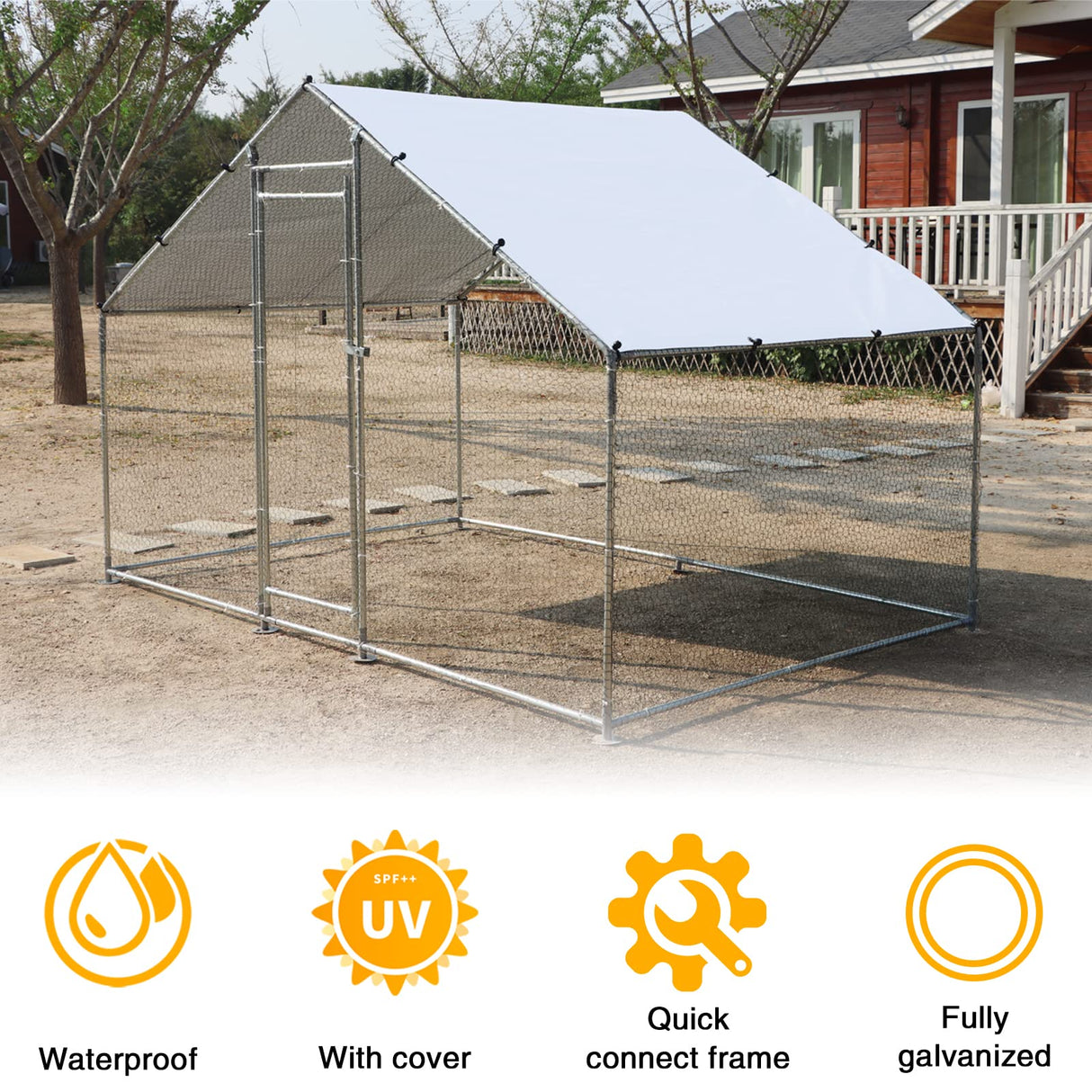 NUGRIART Large Metal Chicken Coop Walk-in Poultry Cage Hen Duck Run House with Waterproof & Anti-UV Cover Galvanized Rabbits Habitat Spire Shaped Cage for Outdoor Yard Farm Use NUGRIART