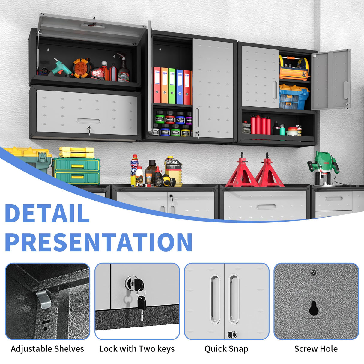 BIZOEIRON Metal Cabinets with Doors and Shelves Black and Gray Garage Cabinets Wall Mounted Adjustable Storage Shelving Floating Garage Tool Cabinet,Wall Cabinet for Warehouse/Basement/Kitchen BIZOEIRON