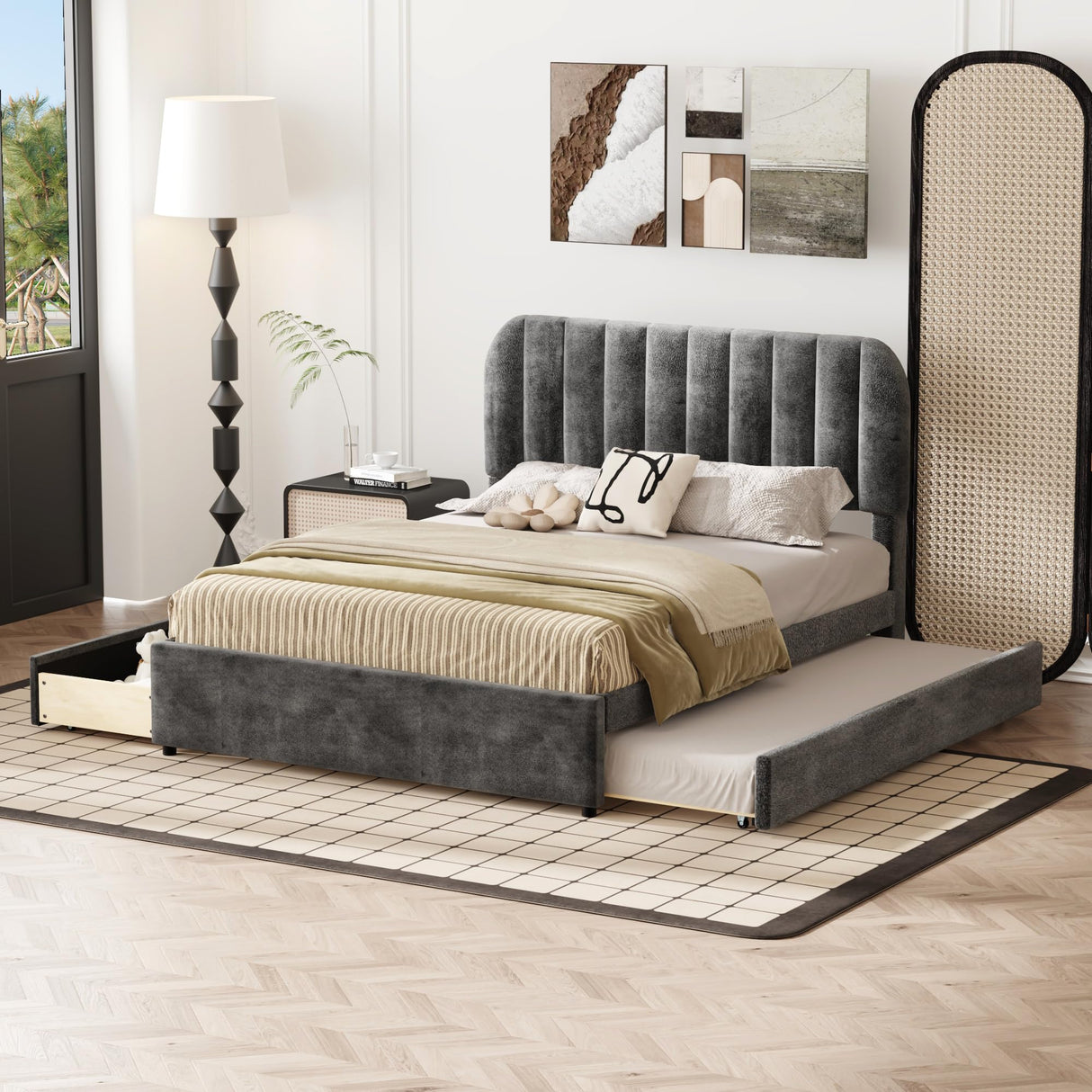 PVWIIK Upholstered Full Platform Bed with Trundle and Drawers for Bedroom, Living Room, Upholstered Soft Fabric Bedframe & Space Saving Design,No Box Spring Needed, Grey PVWIIK