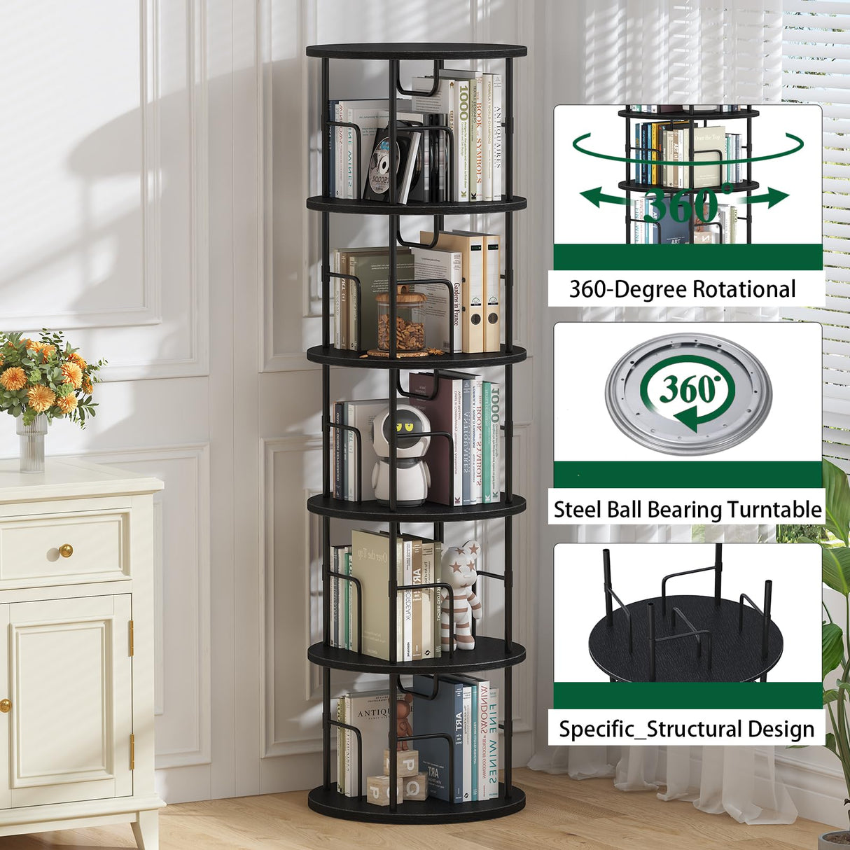 5Tier Rotating Bookshelf, 360 ° Display Stackable Spinning Bookshelf Tower, Narrow Space Saving Tall Floor Standing Swivel Bookcase Corner Storage Organizer for Bedroom/Living Room/Office,Black swlongbooks