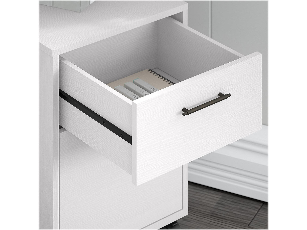 Bush Business Furniture Key West 60W L Shaped Desk Set with File Cabinets & 5-Shelf Bookcase in Pure White Oak Bush Business Furniture