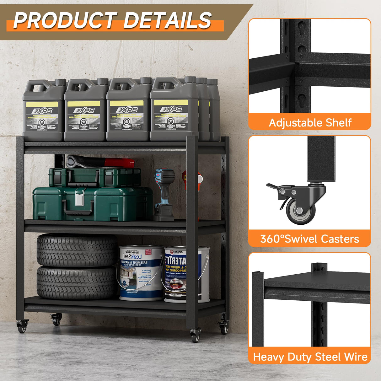 TOPASS Workbench on Wheels, Adjustable Heavy Duty Work Table with Wheels, Heavy Duty Workstation, Metal Tool Work Bench for Garage Warehouse Workshop, 32" H x 18" D x 34" W Topass