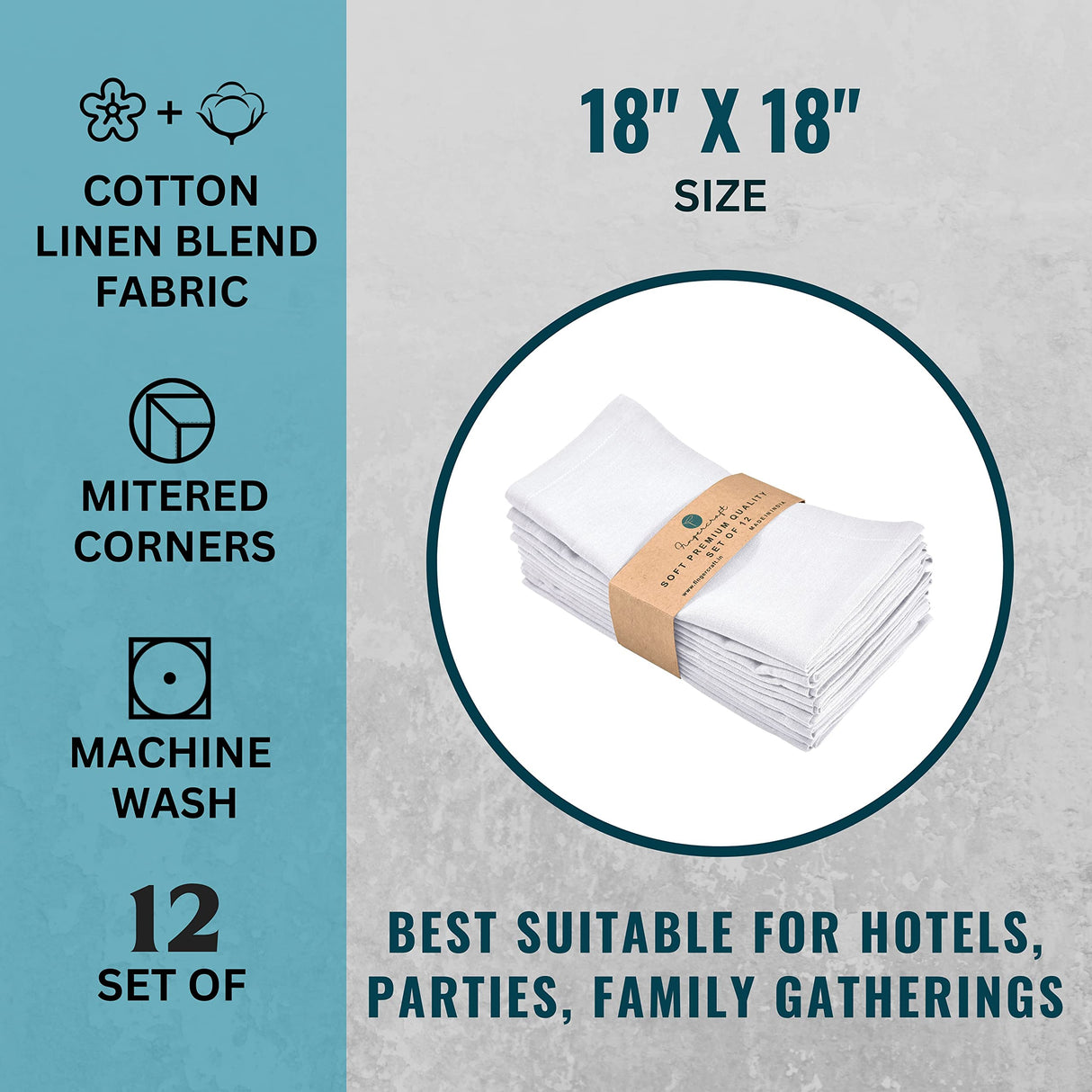 Fingercraft Cloth Napkins, Cotton Linen Blend Napkins Cloth Washable 12 Pack Premium Quality for Parties, Christmas, Thanksgiving, Weddings, Mitered Corner Dinner Napkin for Every Day Use White FINGERCRAFT