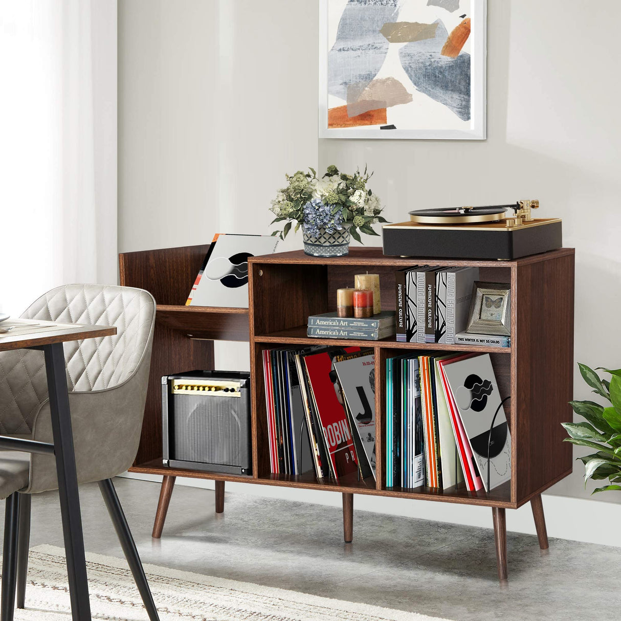 QHITTY Record Player Stand, Mid-Century Modern Vinyl Record Storage Cabinet Table with Wood Legs, Turntable Stand Record Holder Holds Up to 300 Albums for Living Room, Bedroom QHITTY