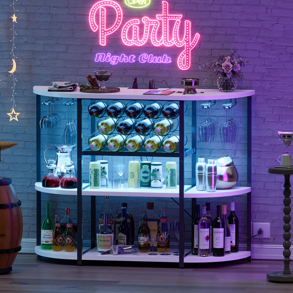 Furmax Wine Bar Cabinet for Liquor Bar Table Bar Cabinet with Lights and Outlet 4-Tier Storage Freestanding Wine Racks with Glass Holder Mini Bars for Home, Bar Furmax