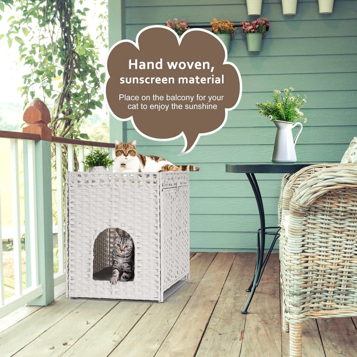 Cat Litter Box Enclosure with Soft Litter Mat; Hidden Cat Washroom Furniture with Door; Handwoven Rattan Cat House with Large Space; Pet Crate for Living Room, Bedroom, Balcony (White) Honiakaka