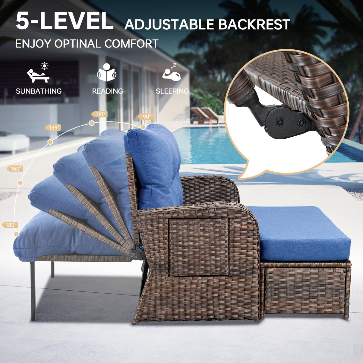 Bellefurn Patio Rattan Daybed, Wicker Recliner Loveseat for Two with Multifunctional Recliner and Stowable Side Tray, 5 Level Adjustable Backrest (Brown Wicker/Blue Cushion) Bellefurn
