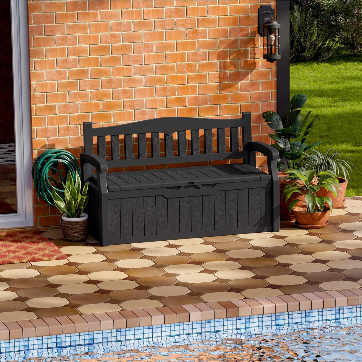 Patiowell 70 Gallon Plastic Storage Bench, Water-Resistant Deck Box for Patio Furniture, Garden Tools, Pool Storage and Outdoor Cushions, Black Patiowell