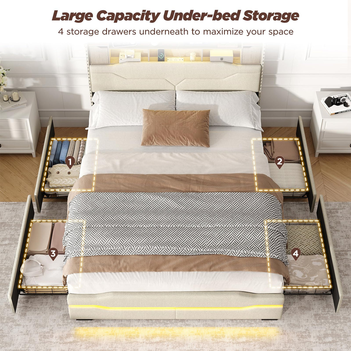 Maupvit Queen LED Bed Frame with Storage Headboard, 4 Storage Drawers & Charging Station, Metal Support Base, No Box Spring Needed, Beige Maupvit