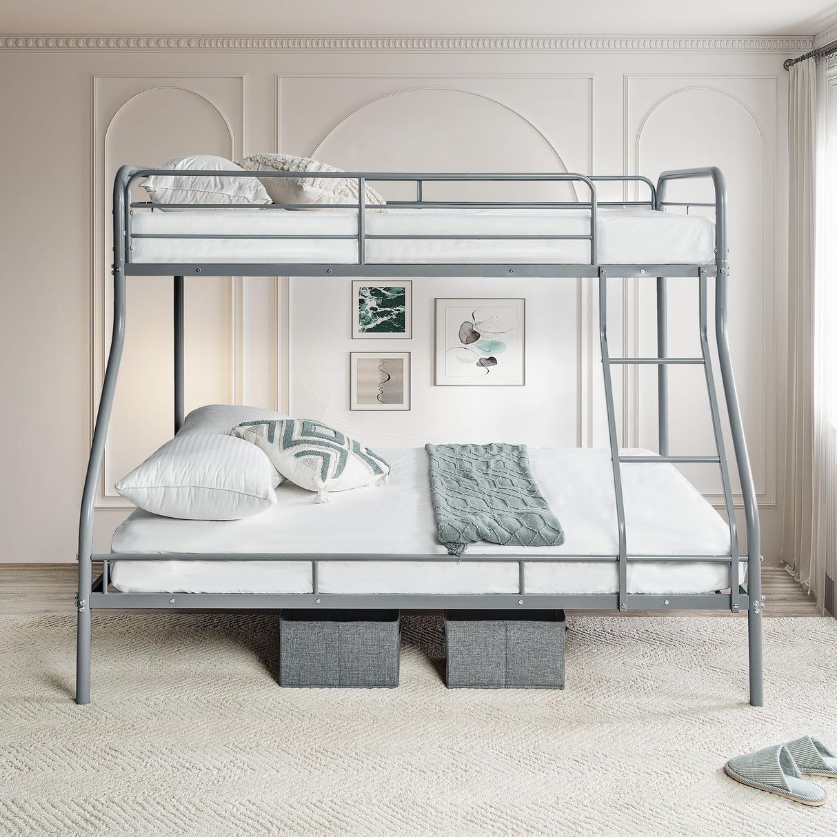 Hollywood Bunk Beds Twin Over Full Size, Heavy Duty Metal Bunk Bed with Safety Guardrails, Angled Ladder, Underbed Storage, 800LBs capacity - for Kids and Teens, Twin over Full Bunk Bed, Gray Naomi Home