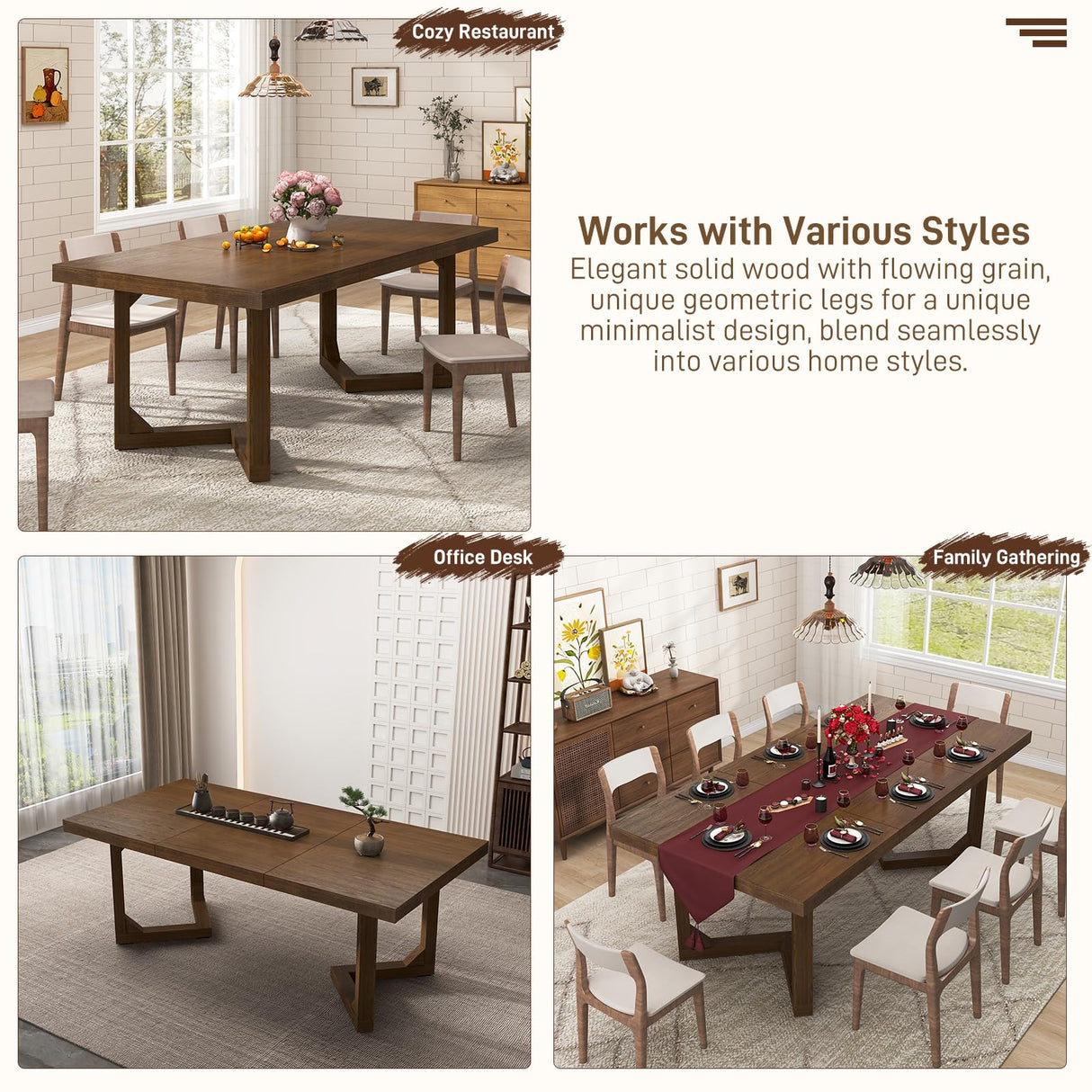 jiteentarou 71 Inch Farmhouse Dining Table, Solid Wood Rustic Kitchen Table, Large Wooden Rectangular Dinner Table for Dining Room, Home Office, Living Room Furniture, Easy Assembly, Walnut Wirebrush jiteentarou