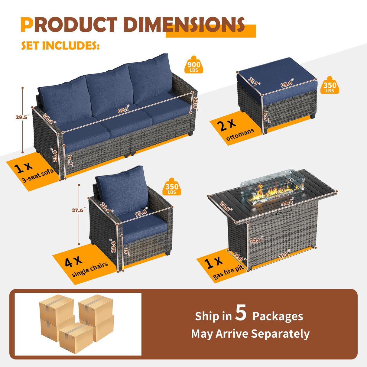 UDPATIO Outdoor Patio Furniture Set with 44" Fire Pit Table, 8 Pieces Sectional Conversation Sets, All-Weather Wicker Rattan Sofa Ottoman with 4" Thick Cushion for Garden Backyard Deck, Navy Blue UDPATIO