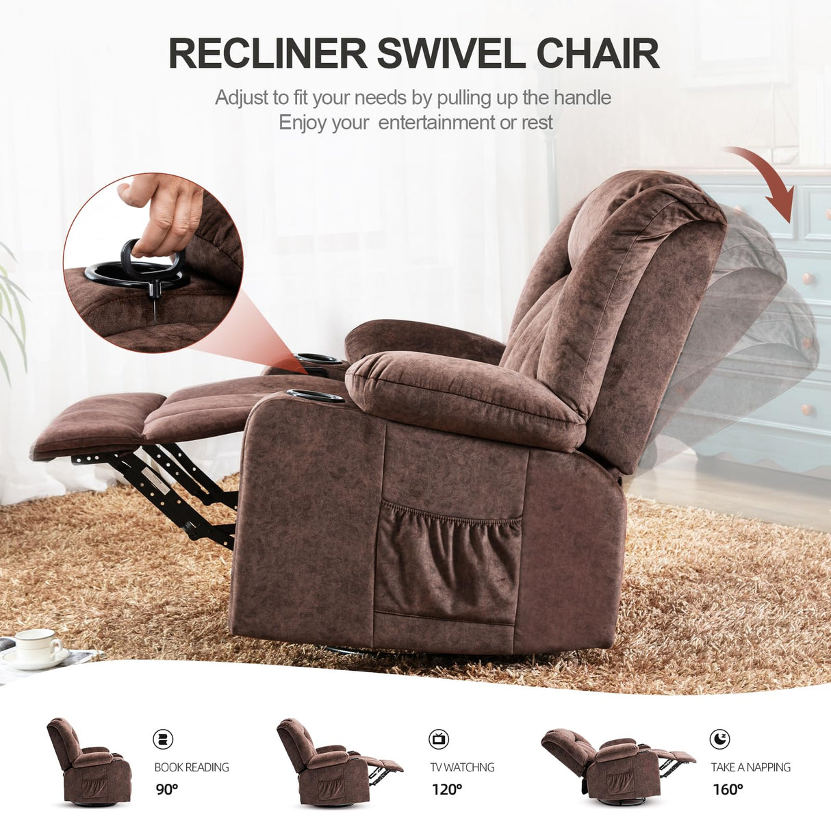 COMHOMA Recliner Chair,360° Swivel Rocker Glider Recliners with Cup Holders, Upholstered Fabric Rocking Chair for Adults,Manual Reclining Single Sofa for Living Room,Brown COMHOMA