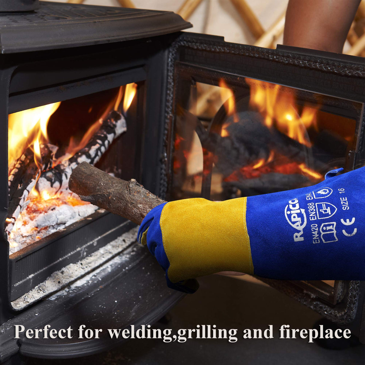 RAPICCA Welding Gloves Fire Heat Resistant: Blue 16IN 932℉ - Fireproof Leather For Stick Mig Flux-Core Welder Forge Blacksmith Fireplace Wood Stove Fire Pit Furnace Handling Dry ice - One Size RAPICCA