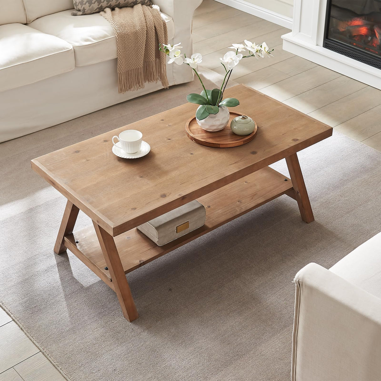 Farmhouse Coffee Table,Solid Wood Center Tables with Storage Shelves & Sturdy A-Shaped Legs, Modern Rustic 2-Tier Rectangular Table for Living Room and Office, Natural WINWY