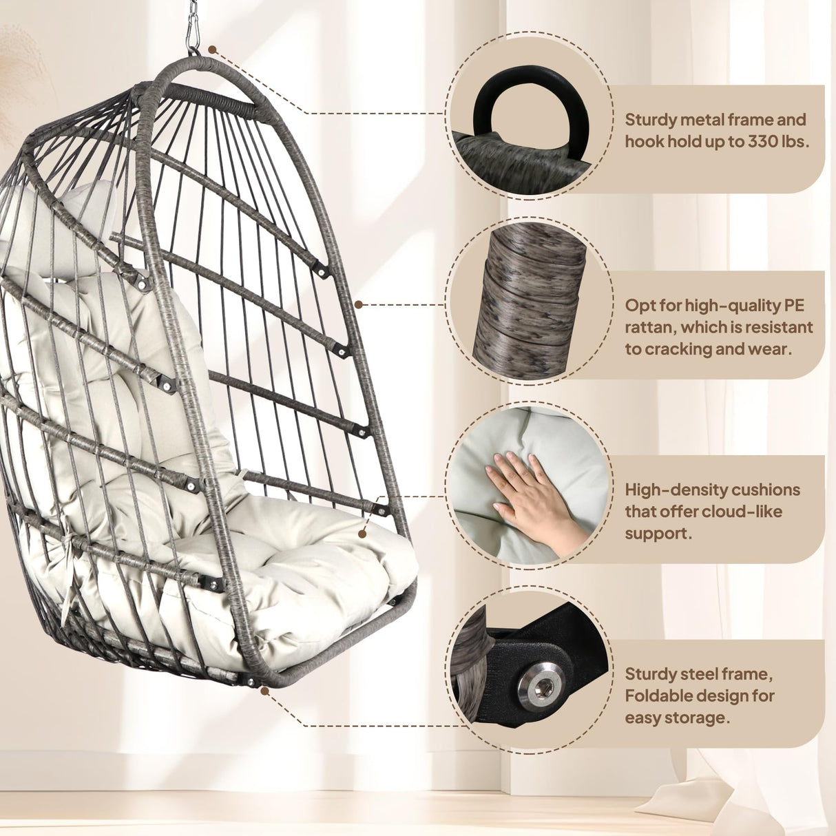 Chihee Egg Chair with Ultra Strong Stand and Cushion Foldable Wicker Rattan Hanging Chair Indoor Outdoor Patio Lounging Chair 330 lbs Capacity Balcony Porch Bedroom Garden Chihee