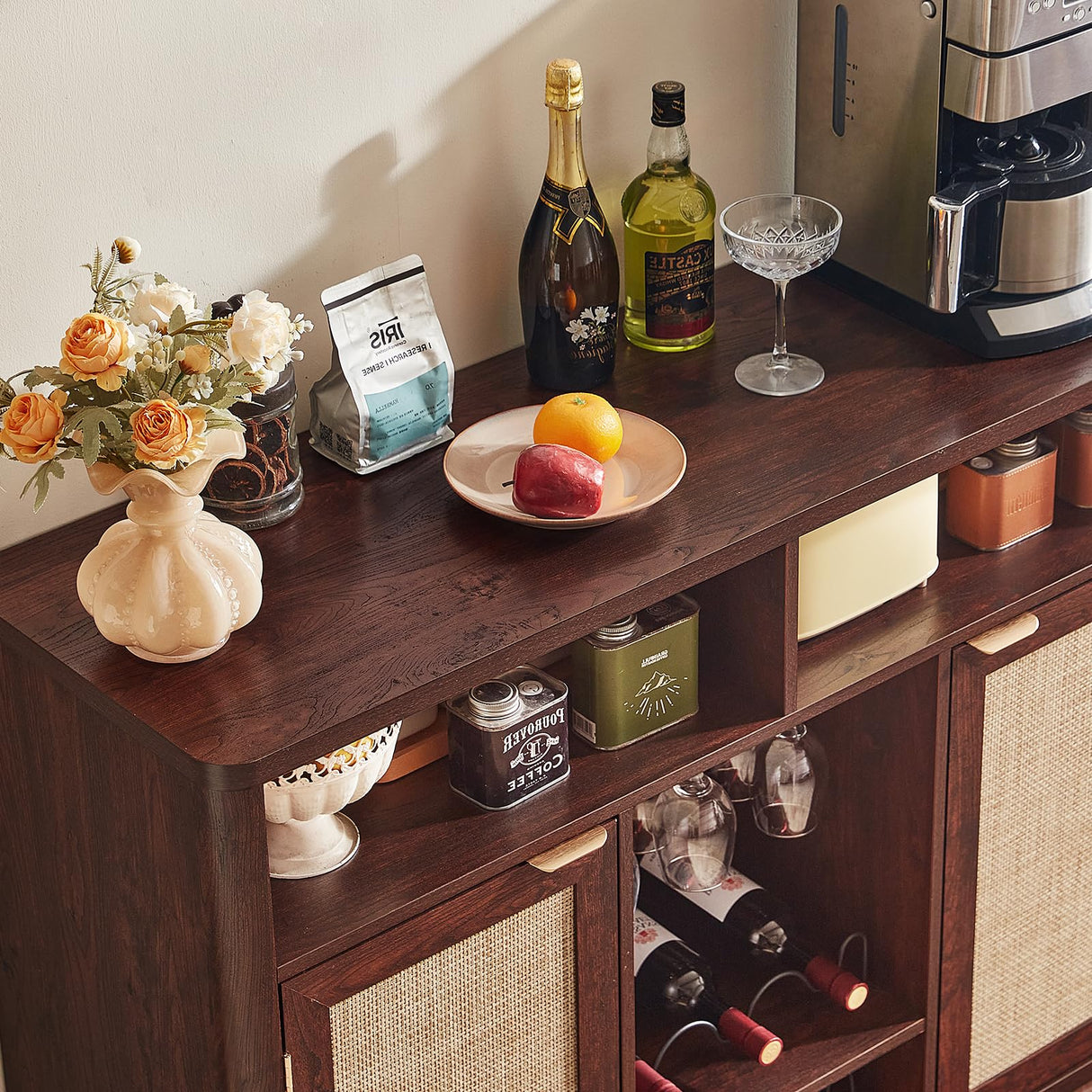 Lerliuo Rattan Wine Cabinet with 2 Doors, Boho Liquor Cabinet with Wine Racks, Farmhouse Coffee Bar Station for Living Room, Dining Room, Kitchen, Walnut Lerliuo