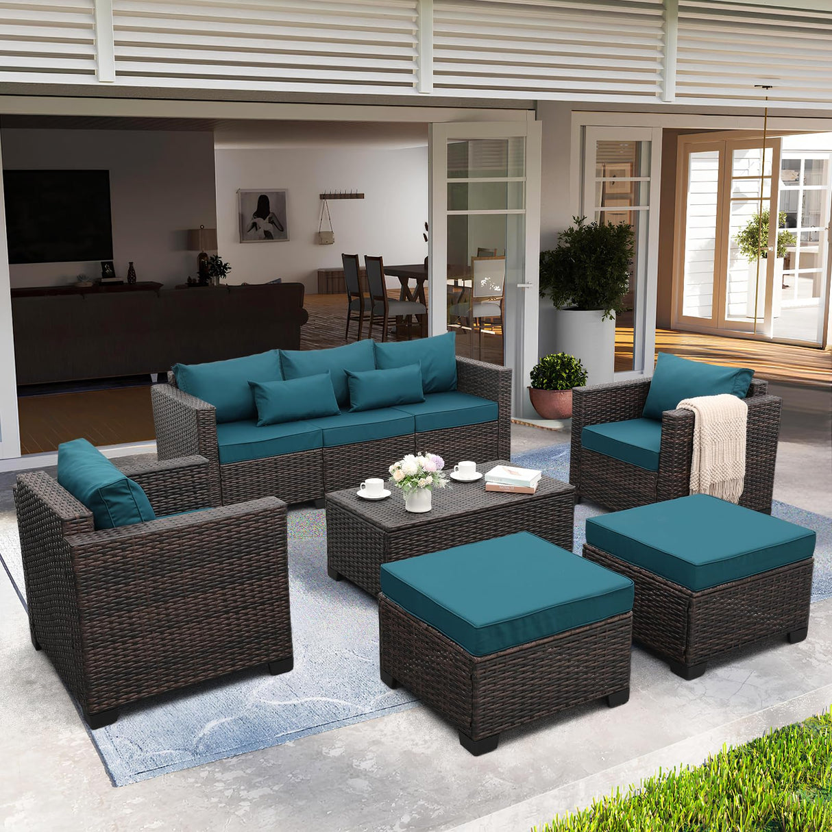 Valita 6 PCS Patio Furniture Set Outdoor Sectional Wicker Conversation Couch Brown Rattan Sofa Chairs with Ottoman Storage Table and Anti-Slip Cushions(Peacock Blue) Valita