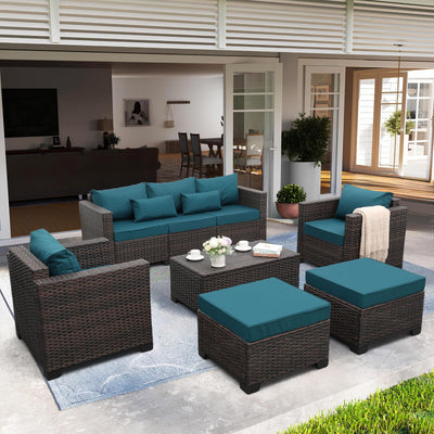 Valita 6 PCS Patio Furniture Set Outdoor Sectional Wicker Conversation Couch Brown Rattan Sofa Chairs with Ottoman Storage Table and Anti-Slip Cushions(Peacock Blue)