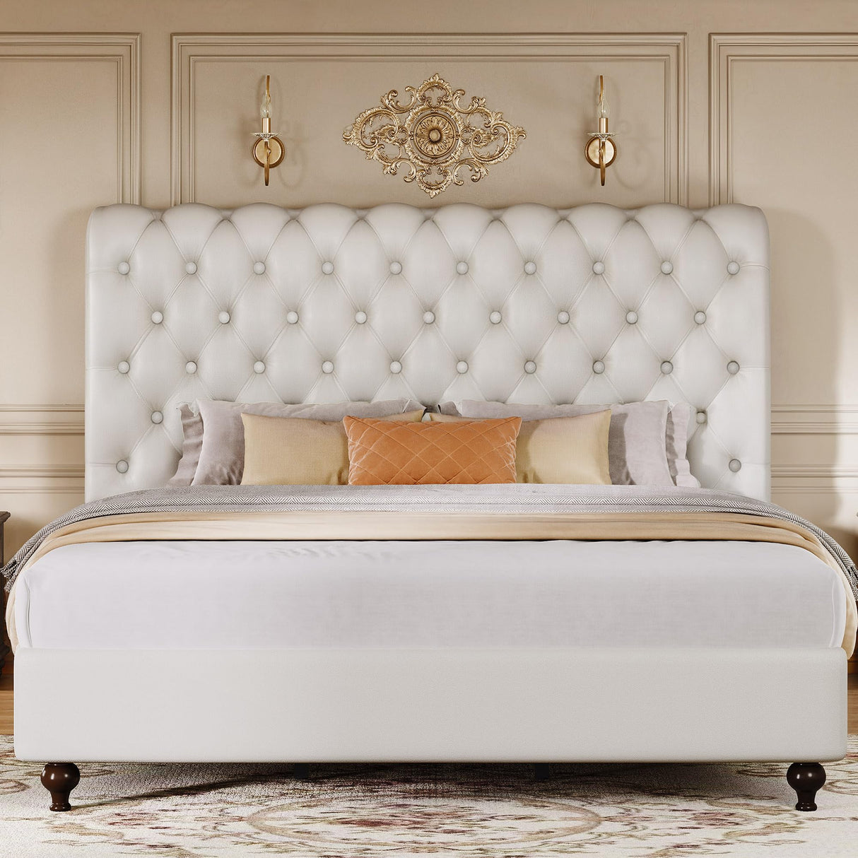 DWVO Queen Size Platform Bed Frame with 54" Tall Headboard, PU Leather Upholstered Platform Bed with Solid Wood Leg, Button Tufted, No Box Spring Needed, Easy Assembly, Beige DWVO