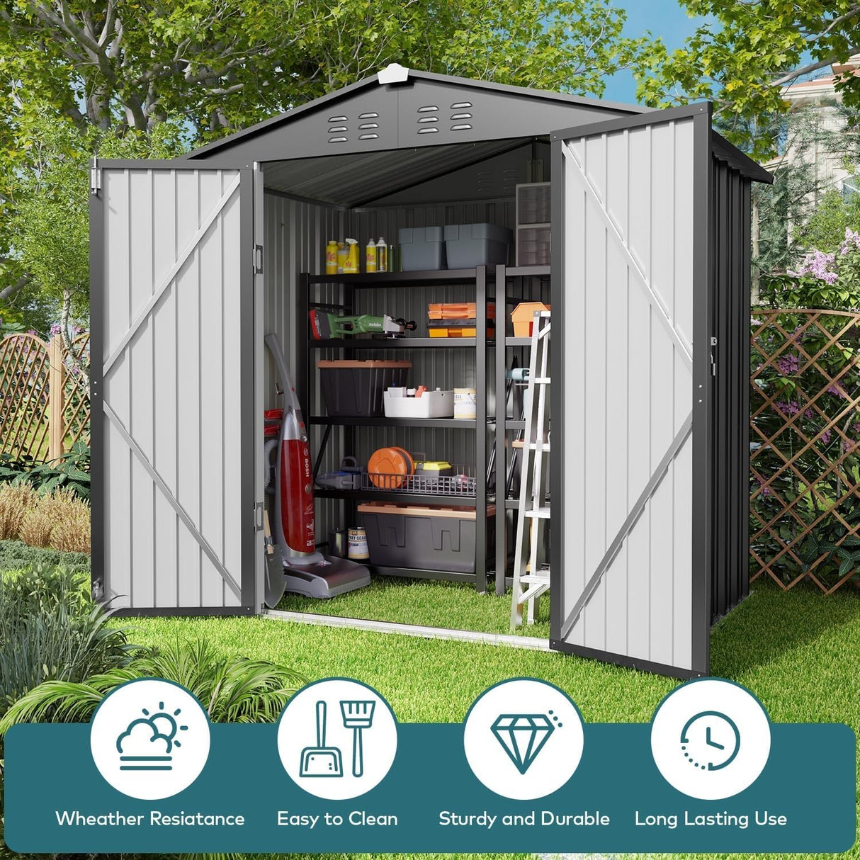 Gizoon Outdoor Storage Shed 6 x 4 FT, Galvanized Metal Garden Shed with Double Lockable Doors, Outdoor Storage Clearance for Backyard Patio Lawn-Dark Grey Gizoon