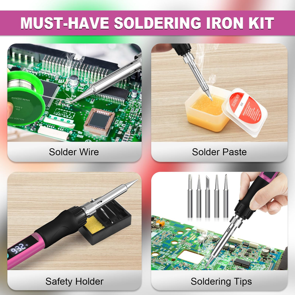 Soldering Iron Kit, 100W Soldering Gun with LED Digital Display, Adjustable Temperature 356-932â Solder Kit for Electronics, Includes Soldering Tip, Solder Wire, Stand, Tweezers and Paste, Rose Red Crtsweker