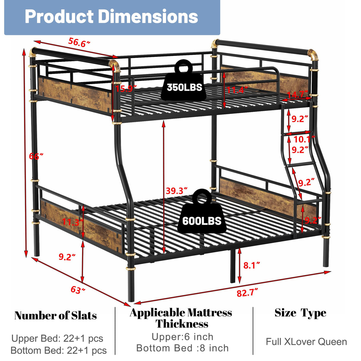 Full XL over Queen Bunk Beds for Teens or Adults ,Industrial Heavy-Duty 2 IN 1 Metal Convertible Bunk Bed with Ladder and Slats Support ,15.9" High Guard Rail,Space-Saving ,Noise Reduced,Black Mirightone