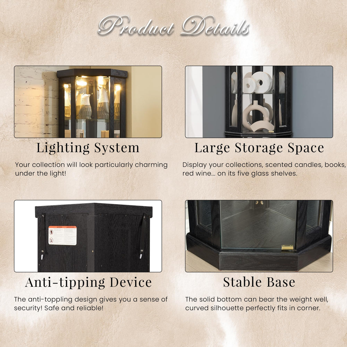 Eyisean 70" Lighted Glass Corner Curio Cabinet, Display Cabinet with Elegant Tempered Glass Door, China Cabinet with Light Bulb, Mirrored Back Panel, Rack for Living Room Storage (Black) Eyisean