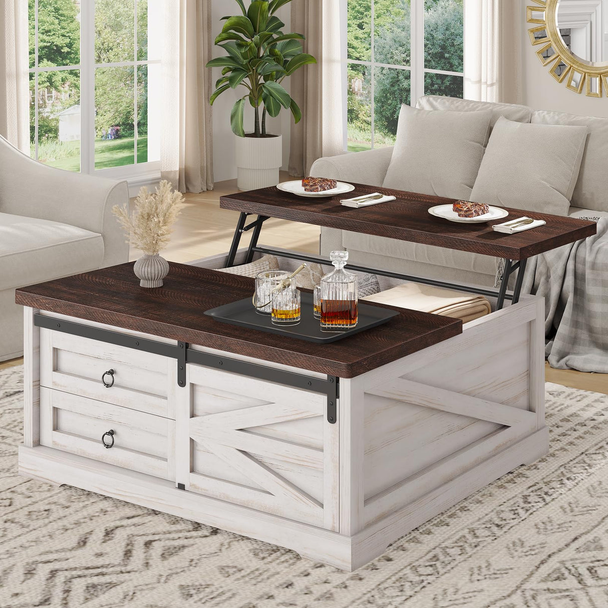 Itaar 39.4'' Lift Top Coffee Table with Storage, Farmhouse Coffee Tables for Living Room, Square Coffee Table with Large Hidden Compartment & 2 Drawers & Adjustable Shelves, White Itaar