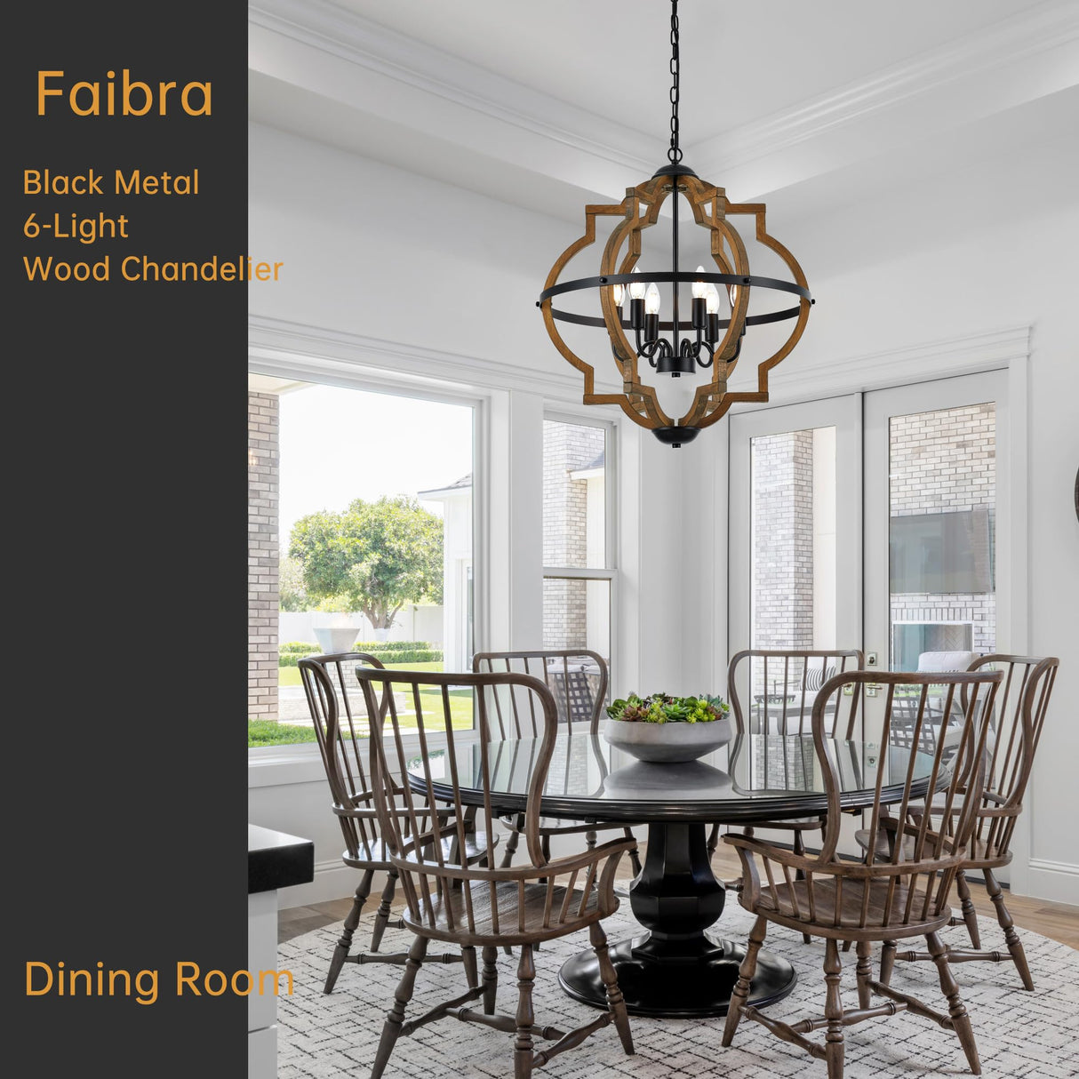 Faibra 6-Light Farmhouse Wood Pendant Light,22.83'' Vintage Rustic Brown Oak Wood Chandeliers,Retro Industrial Hanging Light Fixtures for Dining Room Entryway, Bedroom Faibra