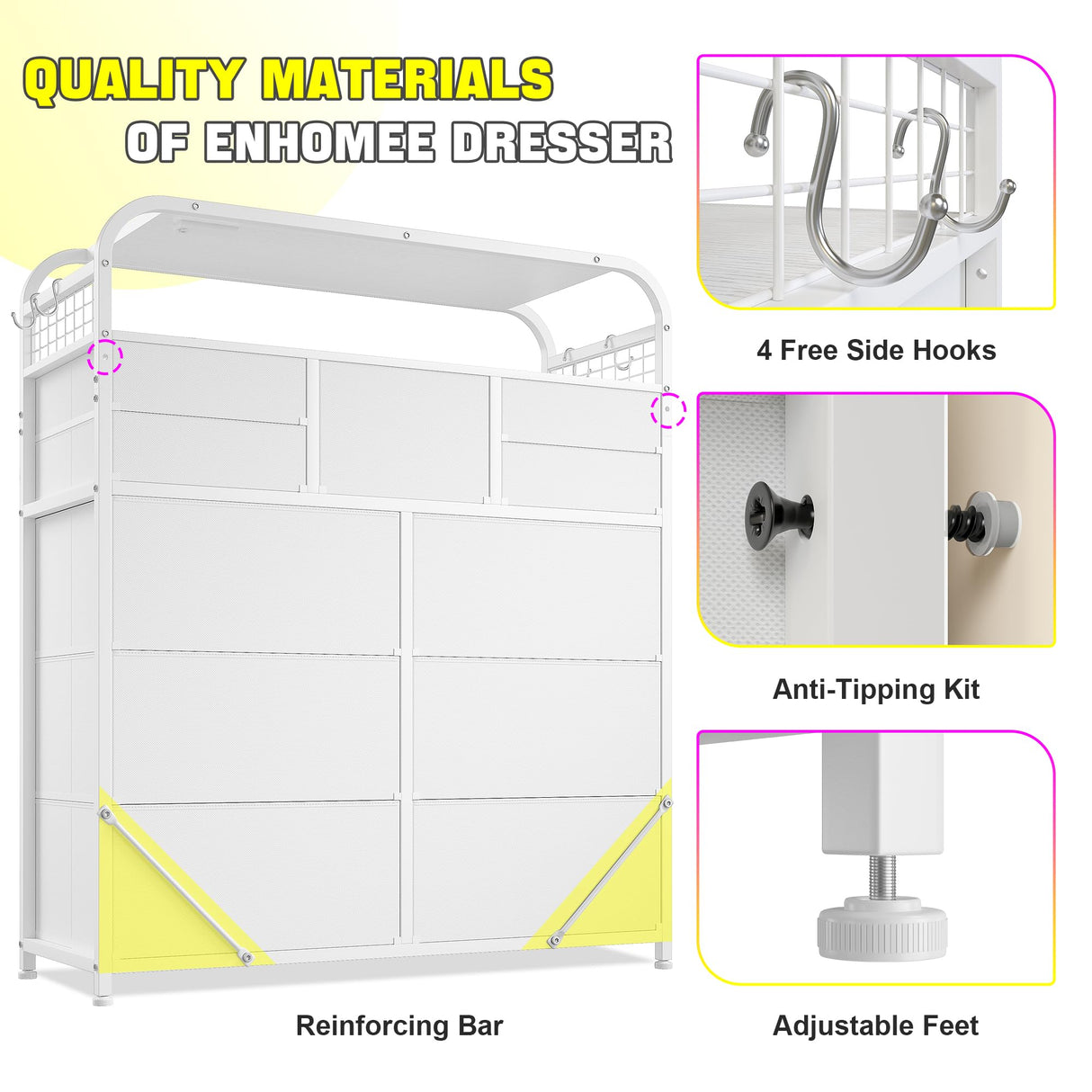 EnHomee White Dresser,11 Drawer Dresser for Bedroom with LED Lights & Charging Station, Fabric Dressers & Chest of Drawers,2 Tier Wooden Shelves, 4 Hooks, Dresser for Bedroom,Entryway,Sturdy Frame EnHomee